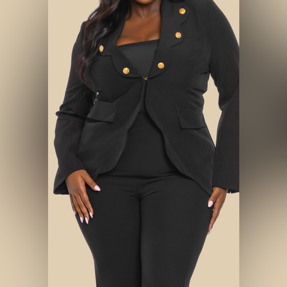🟠201B. Scalloped Blazer Suit Set - Black - Picture 5 of 10